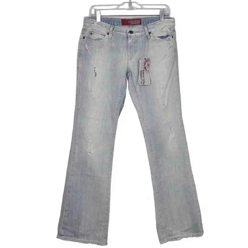 NWT Vintage Guess Flare Jeans Distress Light Wash Wide Leg Low Rise Size 29